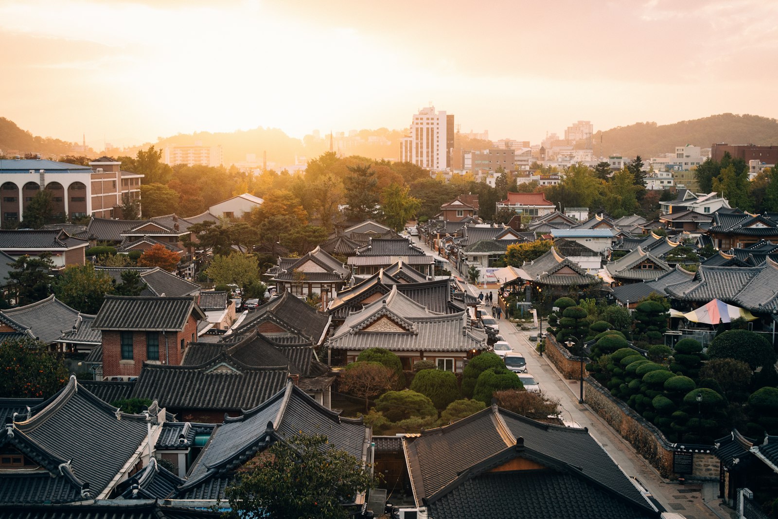 Hanok village rooftops in Korea at sunset